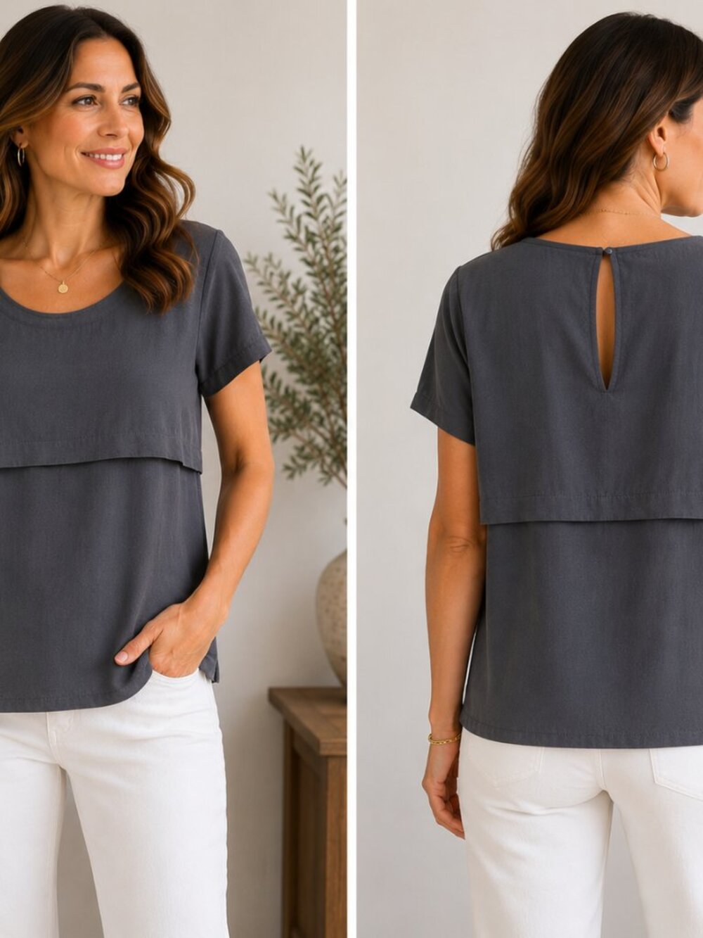 Bella Luxx Collection Charcoal‎ Gray Layered Short Sleeve Blouse XS 1198